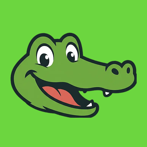 Smiling cartoon green alligator head with large white eyes and an open mouth showing its red tongue, on a bright green background.