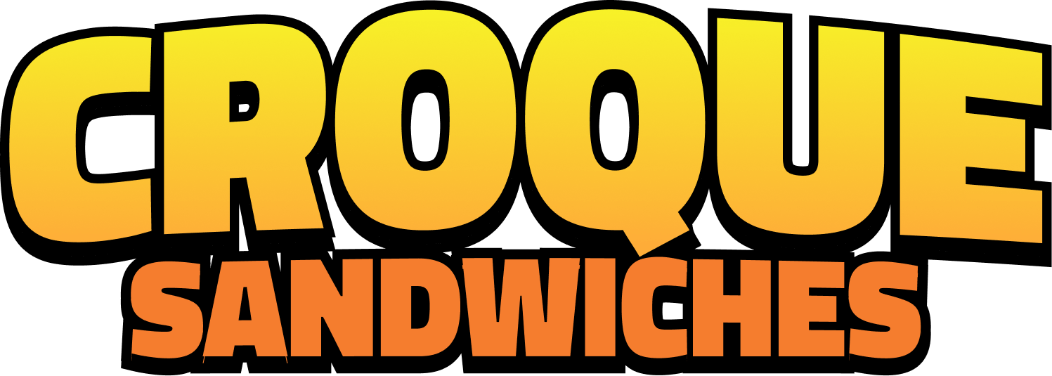 Croque Sandwiches logo featuring "CROQUE" in large, yellow-orange gradient text and "SANDWICHES" in smaller orange text below, both with black outlines.
