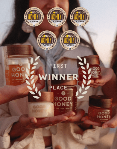 Multiple hands hold various "Good Honey" jars, including Montana Clover and San Diego Citrus. The image features "FIRST WINNER PLACE" text and five "London Honey Awards Platinum" badges from 2021-2025.