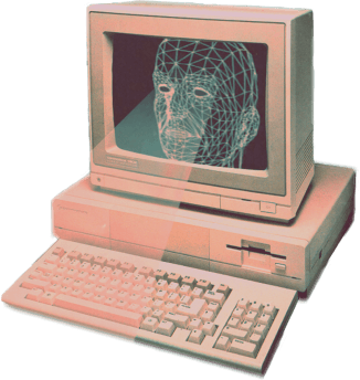 An old beige personal computer displays a wireframe 3D model of a human head on its CRT monitor, with a retro 80s or 90s aesthetic.