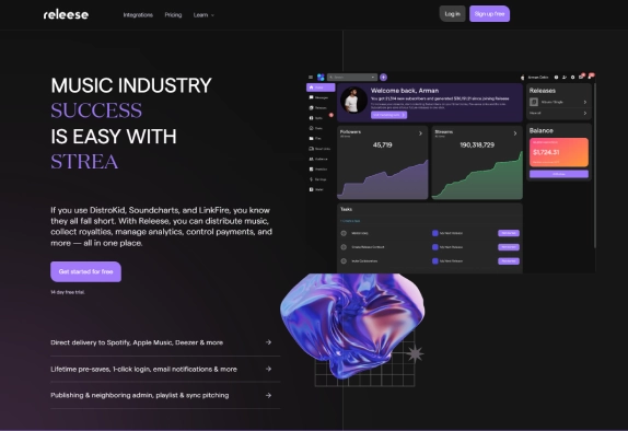 Releese website screenshot displaying marketing text for music industry success and a dashboard with analytics like followers, streams, releases, and current balance.