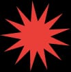 A bright red starburst graphic with numerous sharp points.