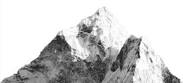 A majestic, snow-capped mountain with rugged, jagged peaks dominates the frame against a stark black background.